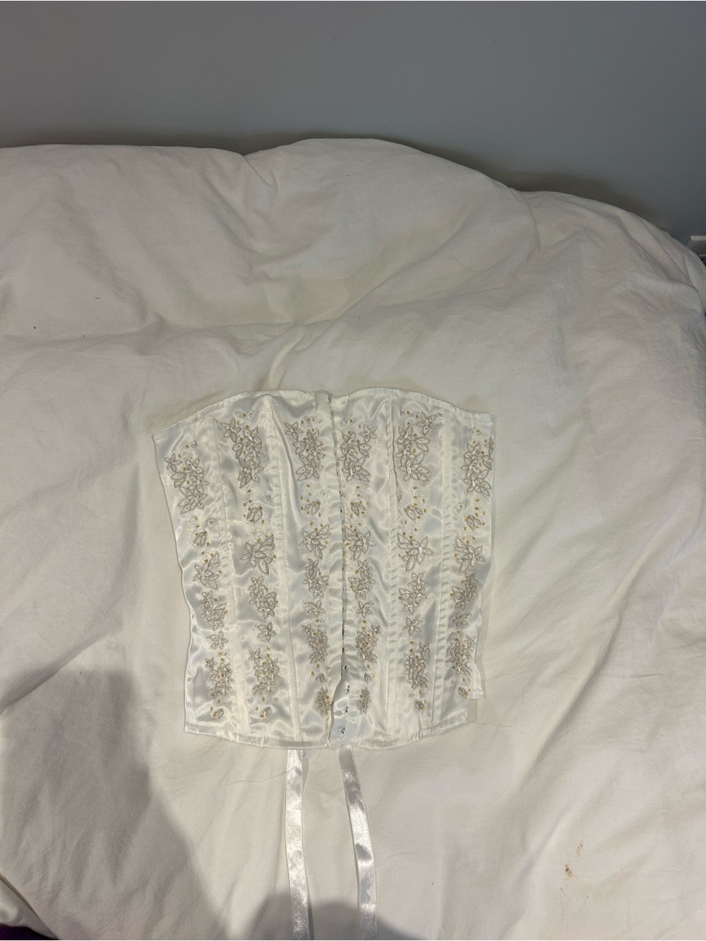 Danielle Guizio Ivory Embroidered Satin Corset Crop Top